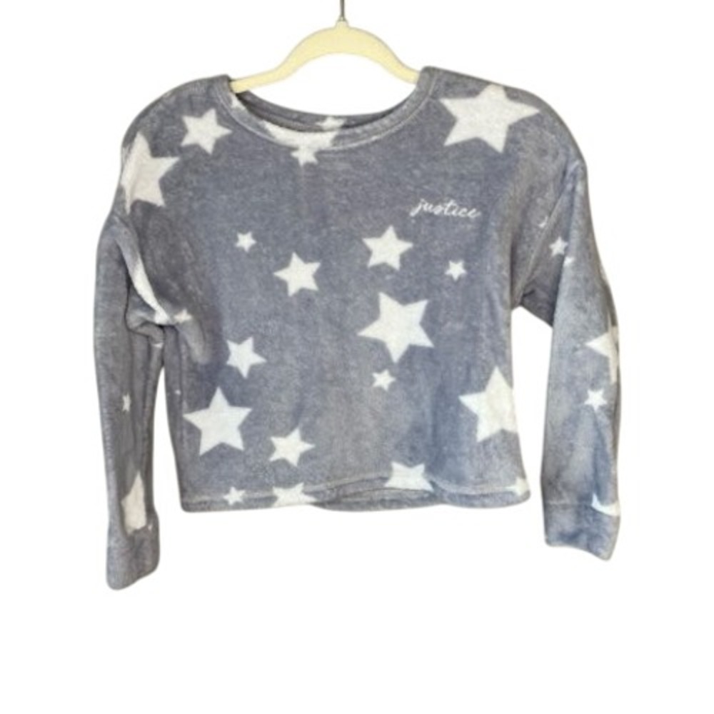 Justice Girls Grey White Star Fleece‎ Pajama Top Sleep Shirt Size S 7/8